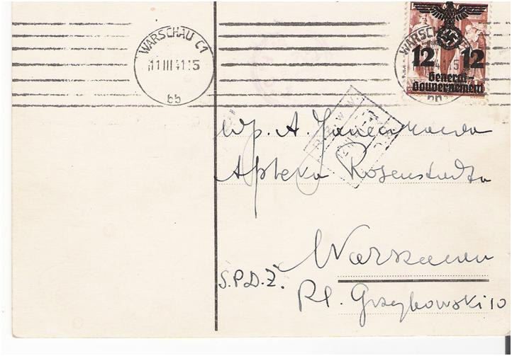 <strong>Figure 1:</strong> Postal card cancelled March 11, 1941, at the ghetto post office (<em>Warschau C1</em>). The rectangular handstamp reads <em>R.Z.w.W.</em>, which stands for<em> Rada Żydowska w Warszawie</em> (Warsaw Jewish Council). The handwritten <em>S.P.D.Z.</em> stands for <em>Skladnica Pocztowa Dzielnicy Zydowskiej </em>(Postal Repository of the Jewish Quarter). The receiving cancel bears the date March 12, 1941, and was applied to the card upon arrival in the ghetto post office. A faint handstamp to the left of the stamp is the 20-gr. fee charged to deliver the card.