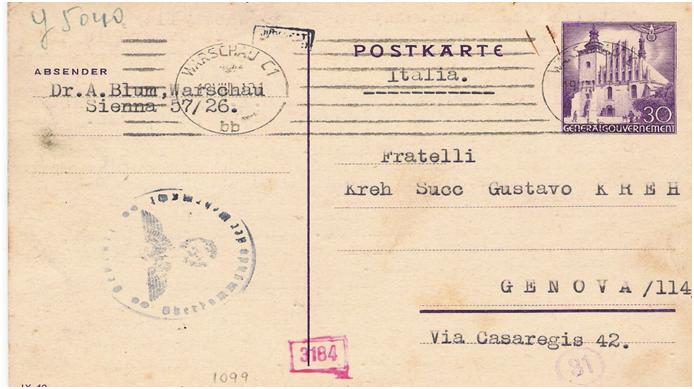 <strong>Figure 3:</strong> Front of postal card addressed to the Kreh brothers, Genoa, Italy. Sent by from Dr. Aron Blum, the card was posted August 15, 1941, and cancelled at the ghetto post office (<em>Warschau C1</em>) and the censor applied the small rectangular <em>Judenrat Warschau</em> handstamp. The circular general postal censor mark with the Nazi eagle indicates that it went through the Munich office for official censoring.