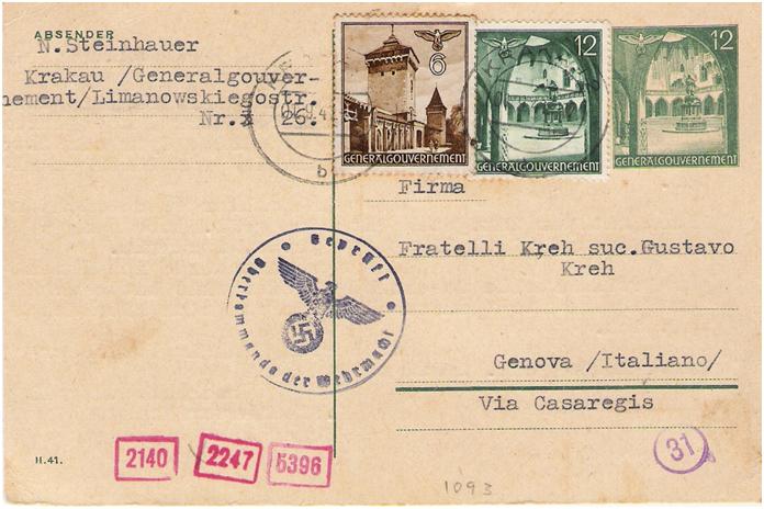 <strong>Figure 5:</strong> Postal card addressed to the Kreh brothers, Genoa, Italy, from N. Steinhauer, Cracow. It was posted August 31, 1941, and cancelled with a Cracow <em>b. </em>It was further censored in the governmental censor office in Munich.