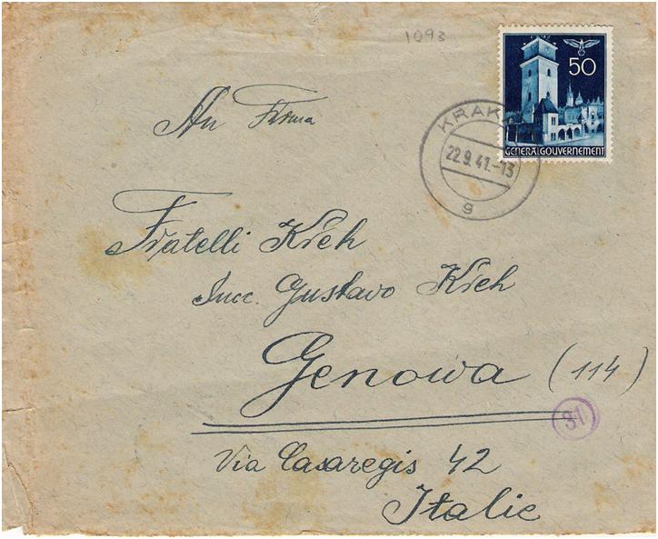 <strong>Figure 7:</strong> This envelope has a Cracow <em>g </em>cancellation and was postmarked September 22, 1941.