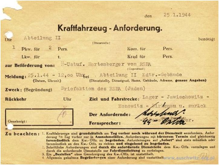 <strong>Figure 1:</strong> Document from the Auschwitz Camp Museum, requesting a mail pick up at Auschwitz 3 and Camp Javisciovitz. This mail was to be used for a <em>Briefaktion. </em>