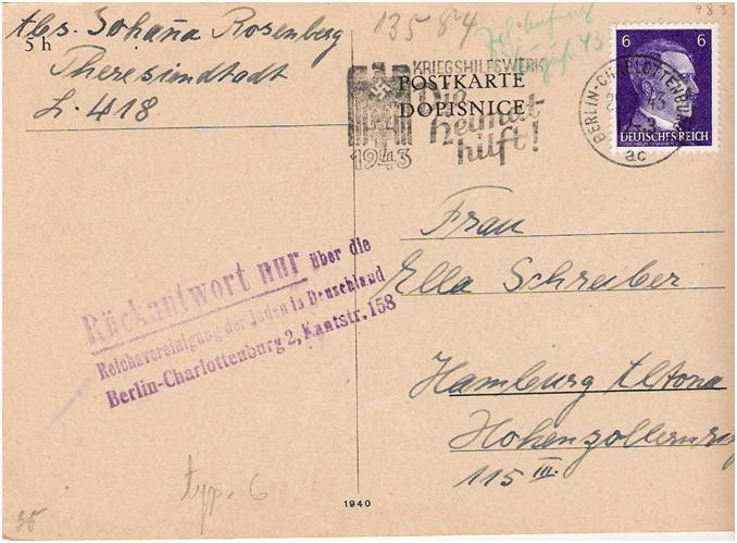<strong>Figure B:</strong> Example of mail sent from Theresienstadt with the Berlin circular cancel: “7/22/43 Berlin-Charlottenburg” and handstamp “Return through the Jewish Council of Germany, 158 Kant Steet, Berlin-Charlottenburg.” Mailed to Hamburg, Germany.