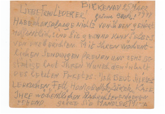 <strong>Figure 5:</strong> Reverse side of the card with the date March 25, 1944. These cards were sent out weeks after the writer had been killed.
